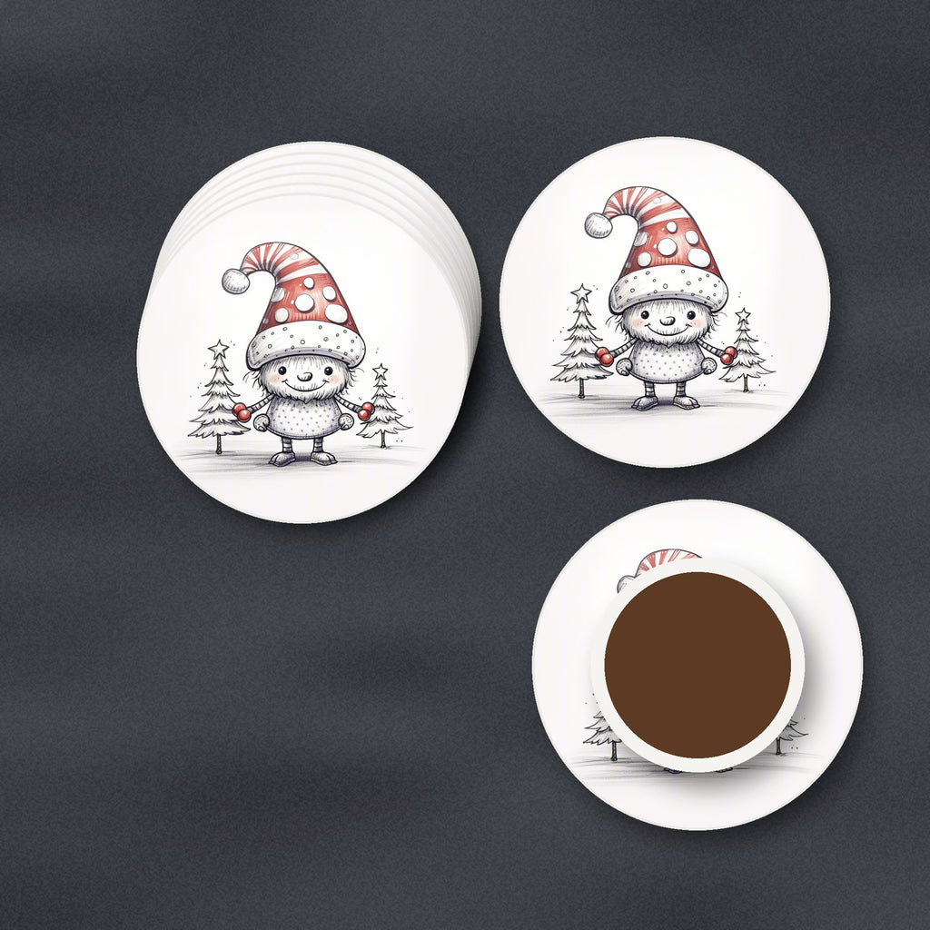 Sketch Snow Sprite in a Spotty Hat round ceramic coasters stacked on a slate kitchen worktop