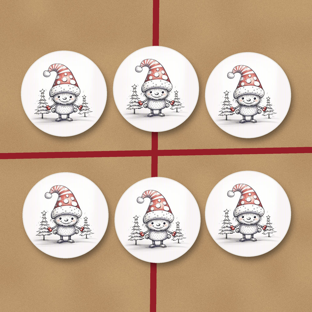 Sketch Snow Sprite in a Spotty Hat round ceramic coasters on kraft gift wrap