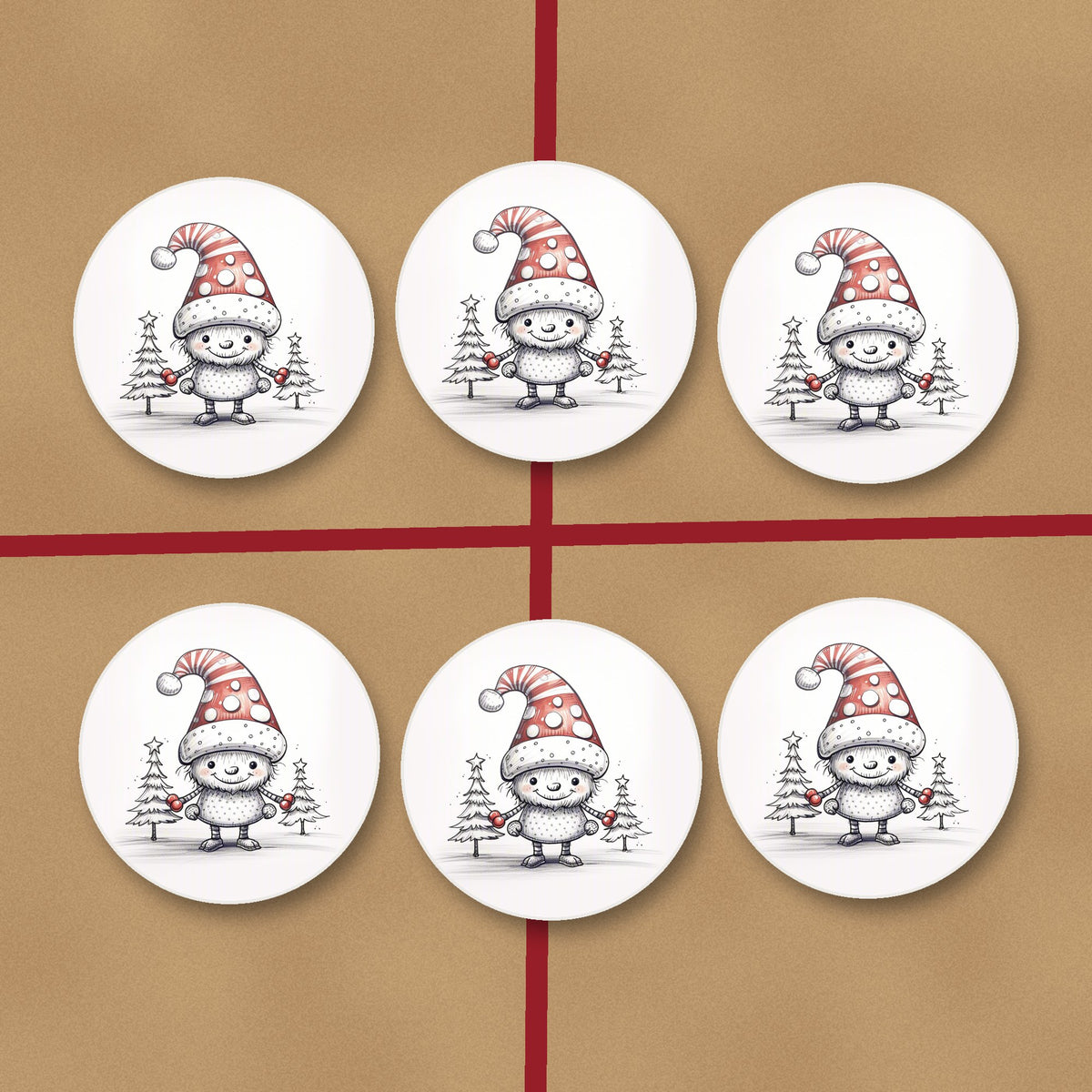 Sketch Snow Sprite in a Spotty Hat round ceramic coasters on kraft gift wrap