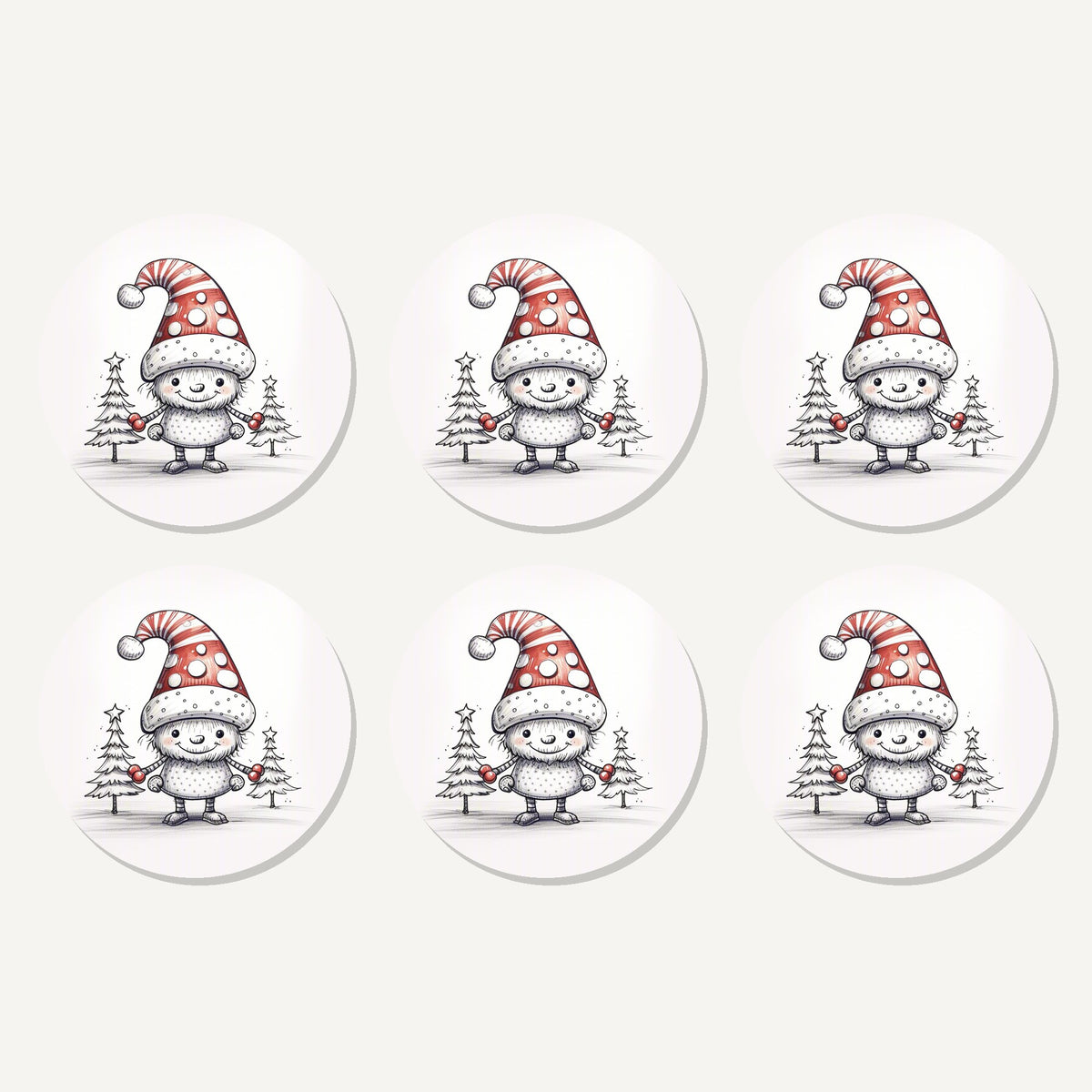 Flat lay of the sketch snow sprite in a spotty hat artwork on six round coasters