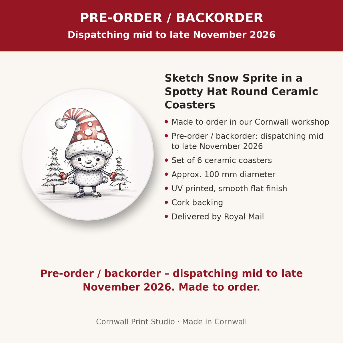 Info card: Sketch Snow Sprite in a Spotty Hat Round Ceramic Coasters – Set of 6, made to order, dispatching mid to late November 2026, delivered by Royal Mail