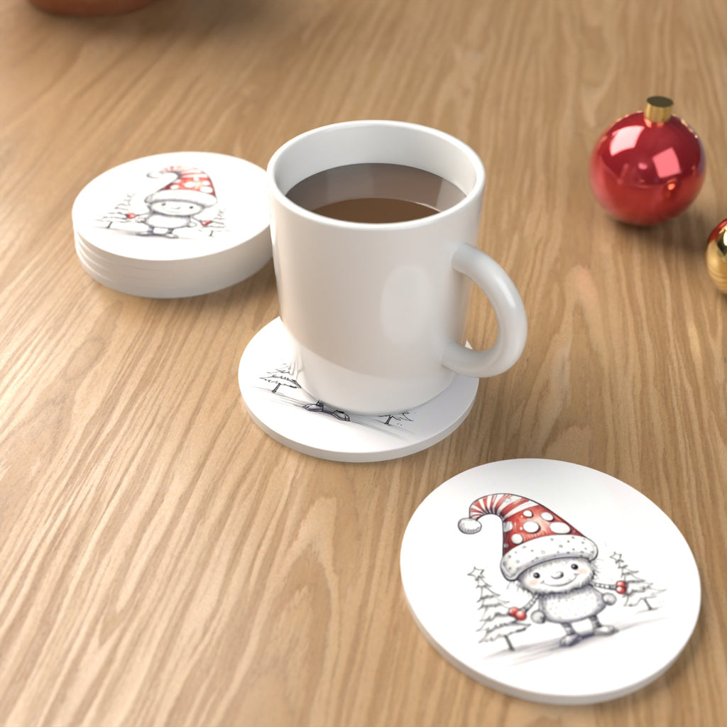 Sketch Snow Sprite in a Spotty Hat Round Ceramic Coasters – Set of 6 – lifestyle mockup with a mug of coffee