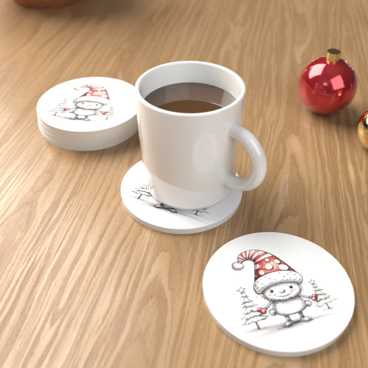 Sketch Snow Sprite in a Spotty Hat Round Ceramic Coasters – Set of 6 – lifestyle mockup with a mug of coffee