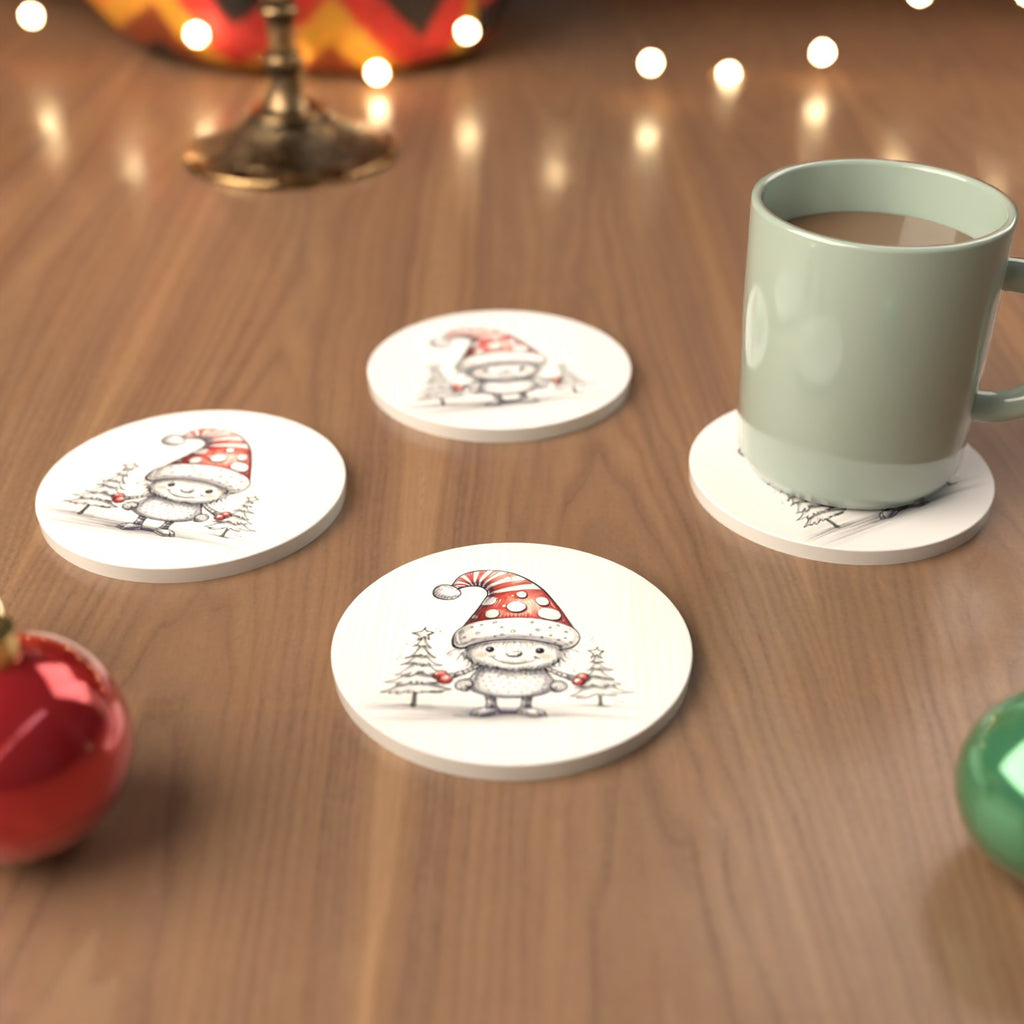 Sketch Snow Sprite in a Spotty Hat Round Ceramic Coasters – Set of 6 – cosy lifestyle mockup