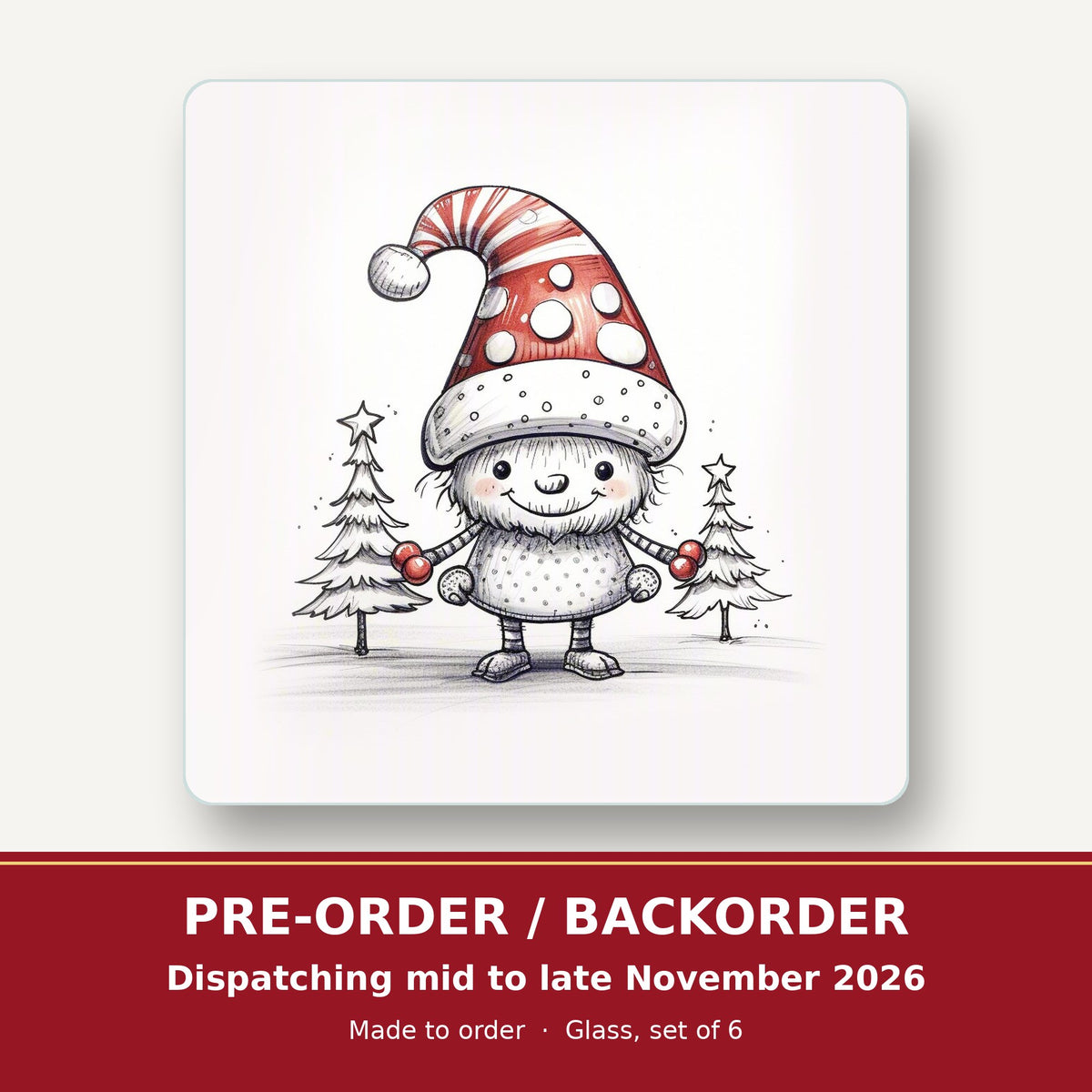 Sketch Snow Sprite in a Spotty Hat square glass coaster set of 6 – pre-order / backorder, dispatching mid to late November 2026