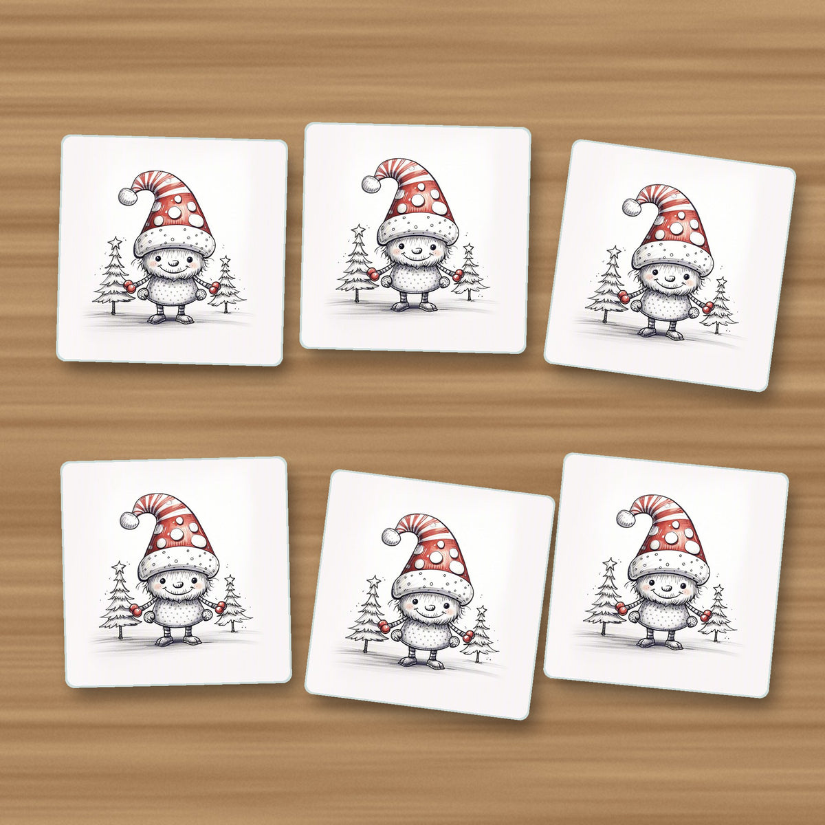 Sketch Snow Sprite in a Spotty Hat square glass coasters, set of 6, on an oak coffee table