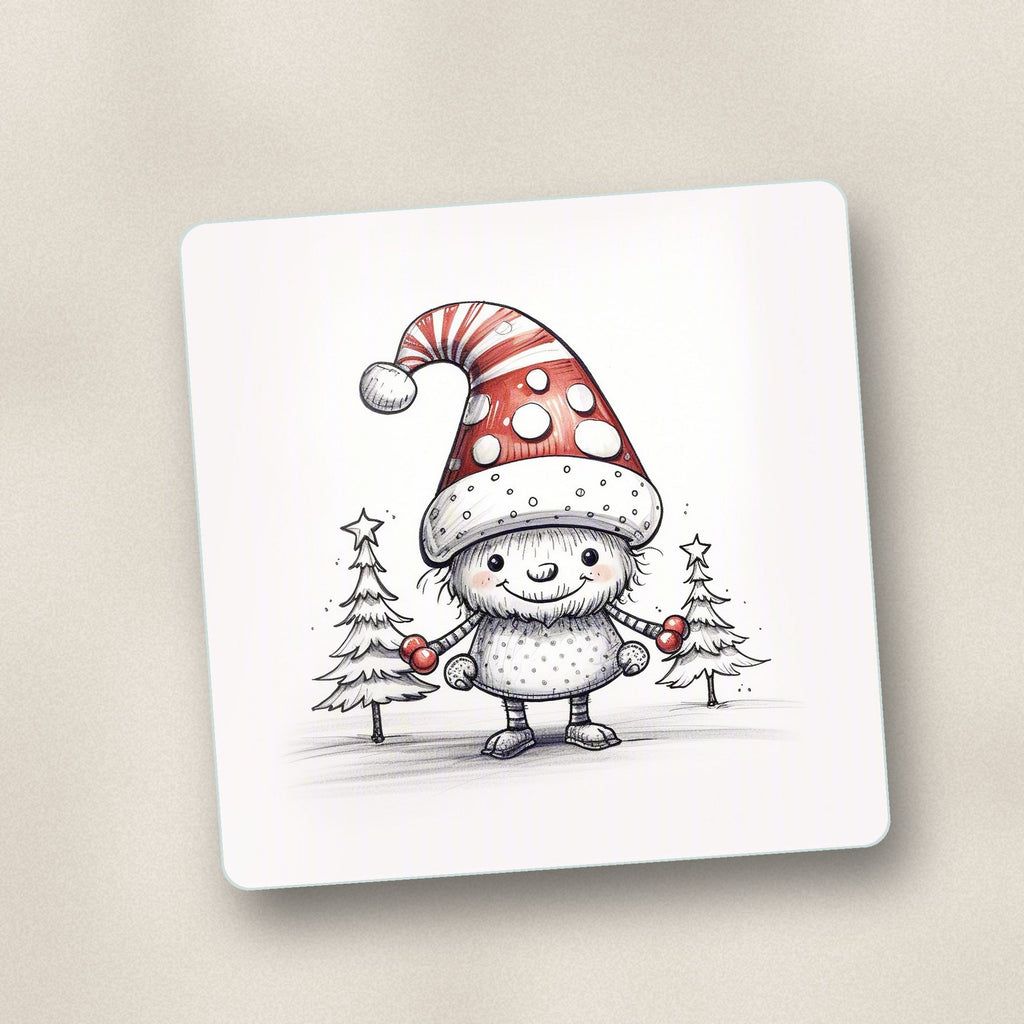 Close-up of one sketch snow sprite in a spotty hat square glass coaster, flat UV print