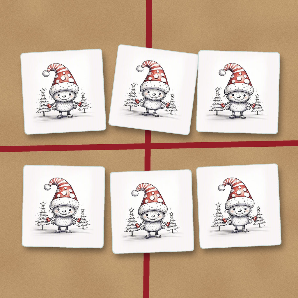 Sketch Snow Sprite in a Spotty Hat square glass coasters on kraft gift wrap