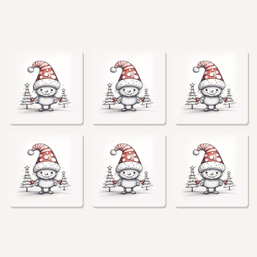 Flat lay of the sketch snow sprite in a spotty hat artwork on six square coasters