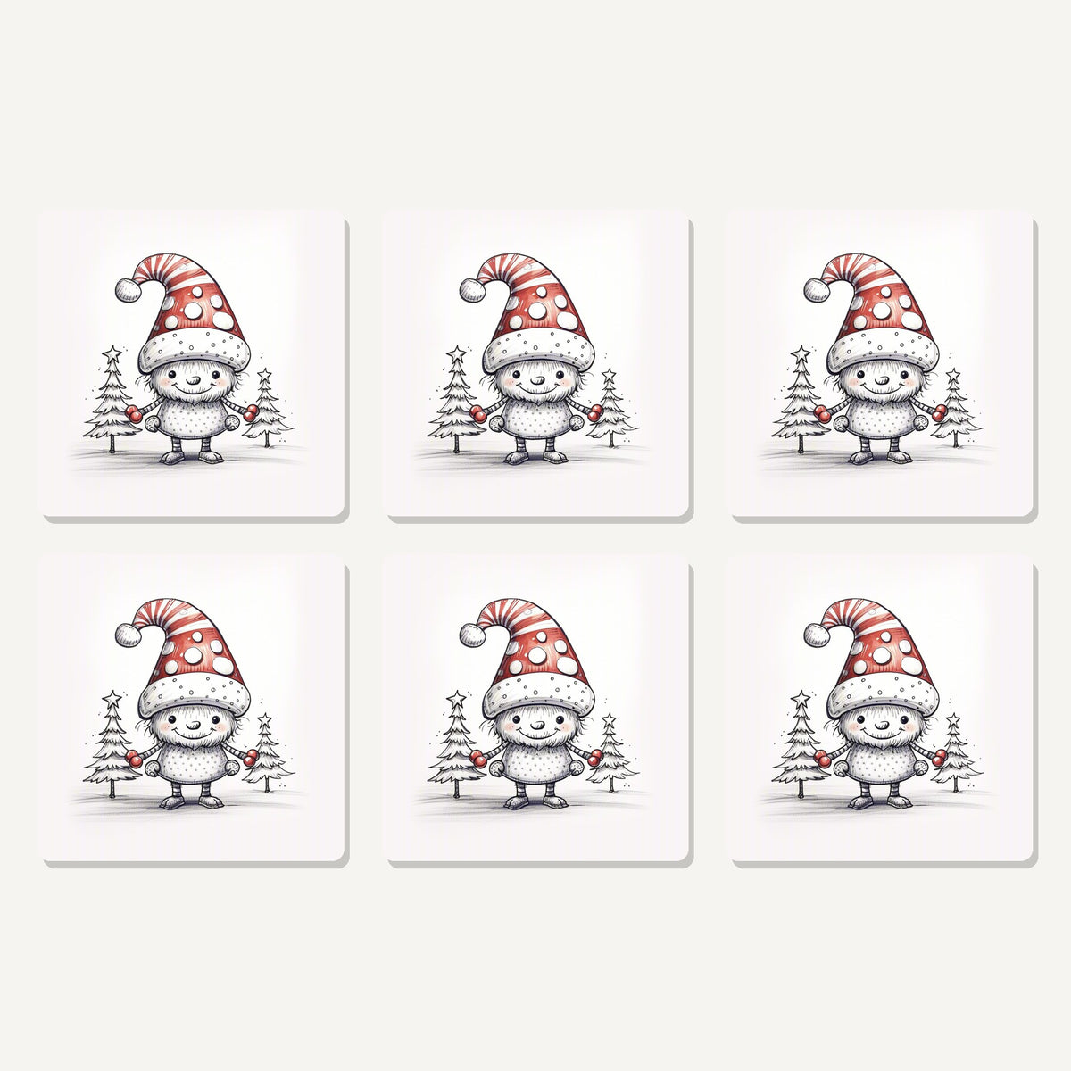 Flat lay of the sketch snow sprite in a spotty hat artwork on six square coasters