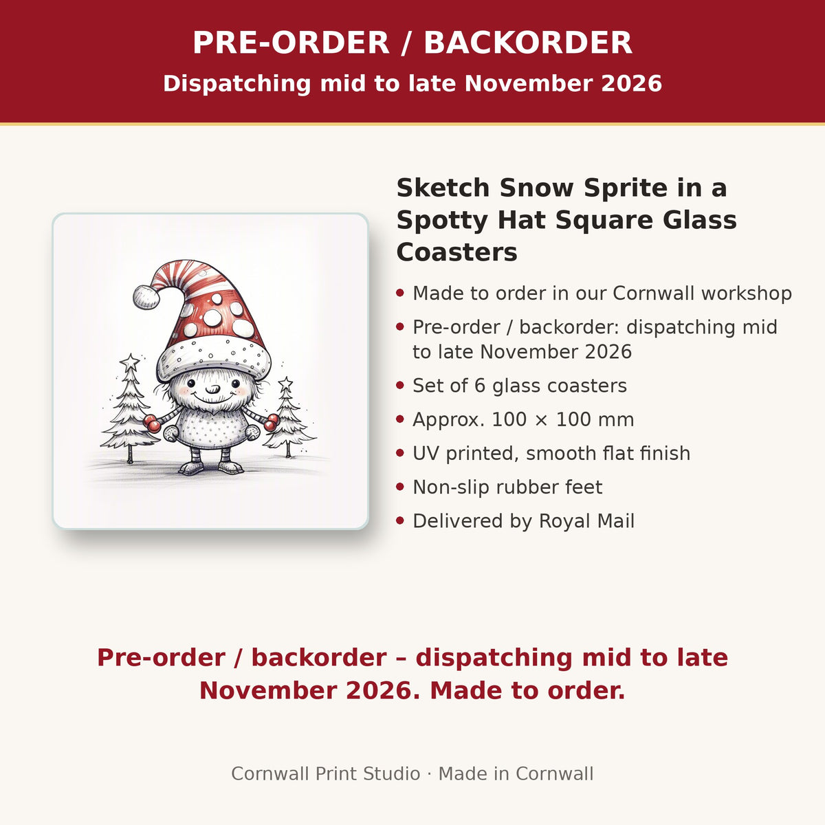 Info card: Sketch Snow Sprite in a Spotty Hat Square Glass Coasters – Set of 6, made to order, dispatching mid to late November 2026, delivered by Royal Mail