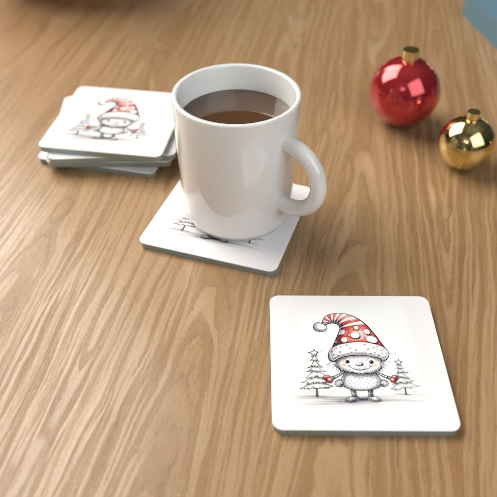 Sketch Snow Sprite in a Spotty Hat Square Glass Coasters – Set of 6 – lifestyle mockup with a mug of coffee