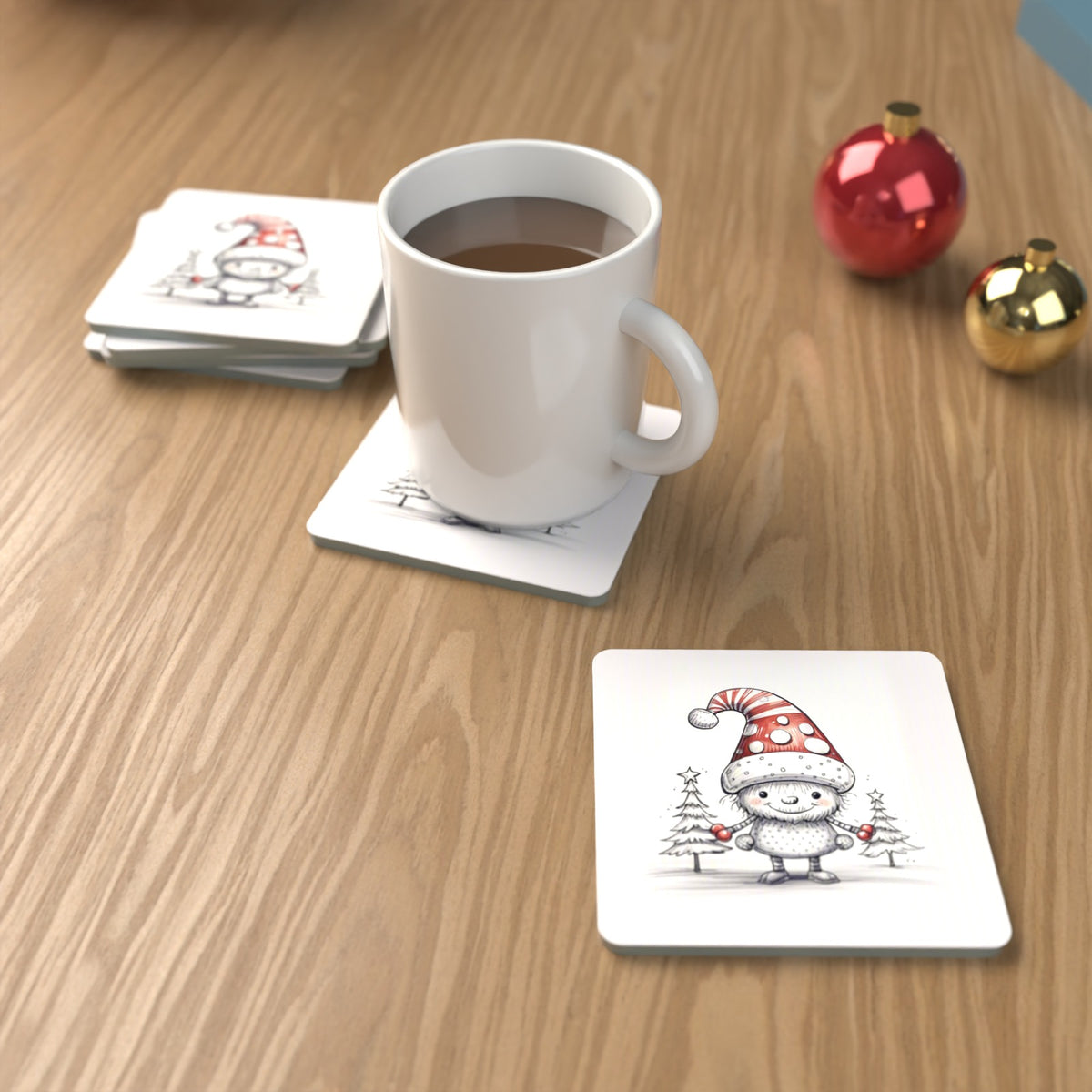 Sketch Snow Sprite in a Spotty Hat Square Glass Coasters – Set of 6 – lifestyle mockup with a mug of coffee
