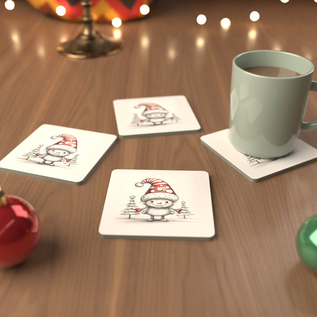 Sketch Snow Sprite in a Spotty Hat Square Glass Coasters – Set of 6 – cosy lifestyle mockup