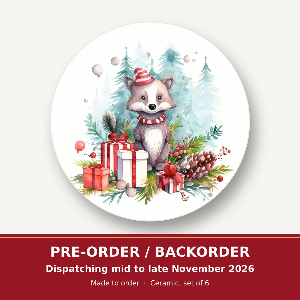Christmas Woodland Animal with Presents round ceramic coaster set of 6 – pre-order / backorder, dispatching mid to late November 2026