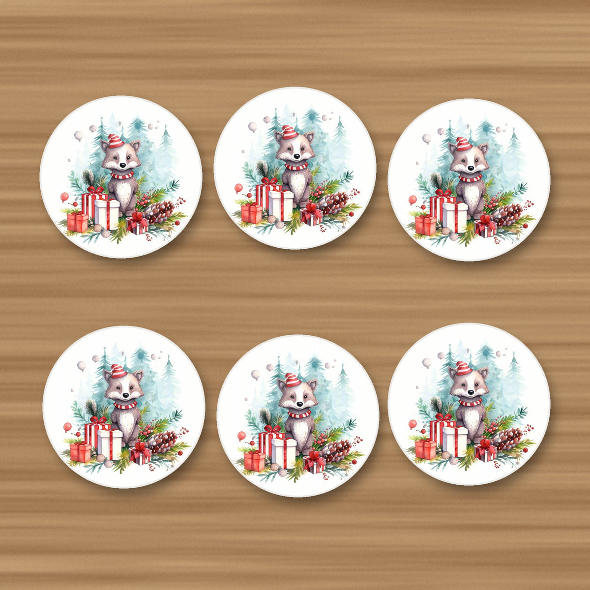 Christmas Woodland Animal with Presents round ceramic coasters, set of 6, on an oak coffee table