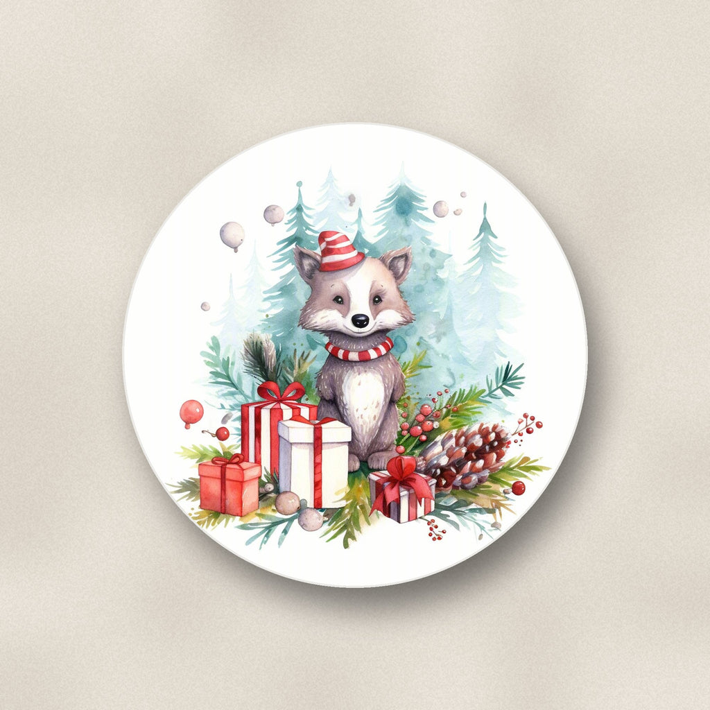 Close-up of one christmas woodland animal with presents round ceramic coaster, flat UV print