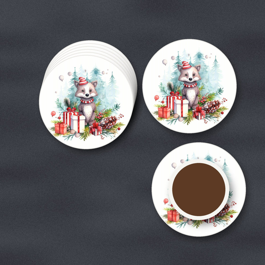 Christmas Woodland Animal with Presents round ceramic coasters stacked on a slate kitchen worktop