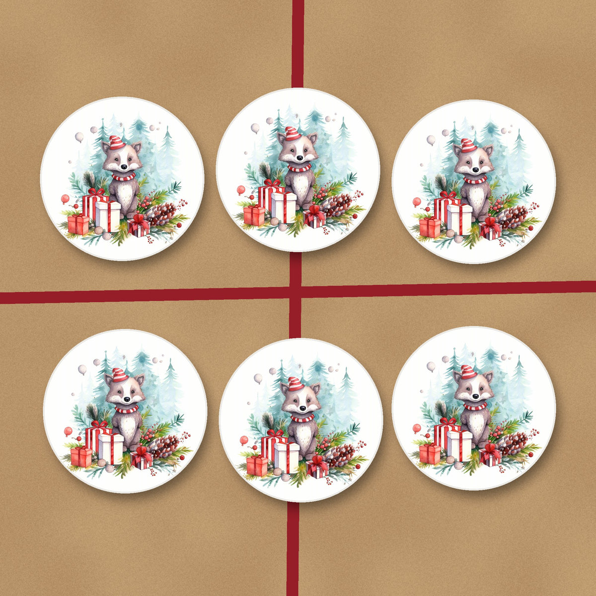 Christmas Woodland Animal with Presents round ceramic coasters on kraft gift wrap