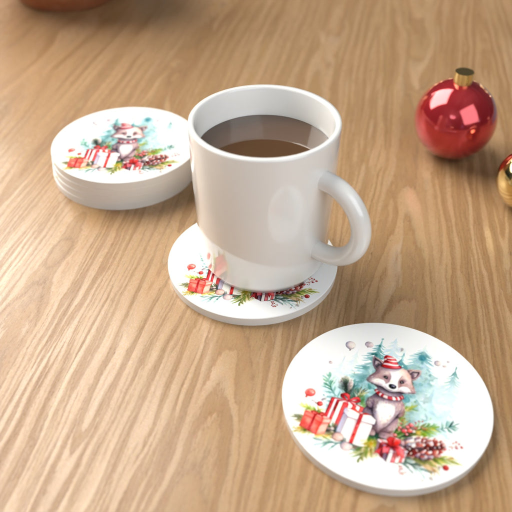 Christmas Woodland Animal with Presents Round Ceramic Coasters – Set of 6 – lifestyle mockup with a mug of coffee