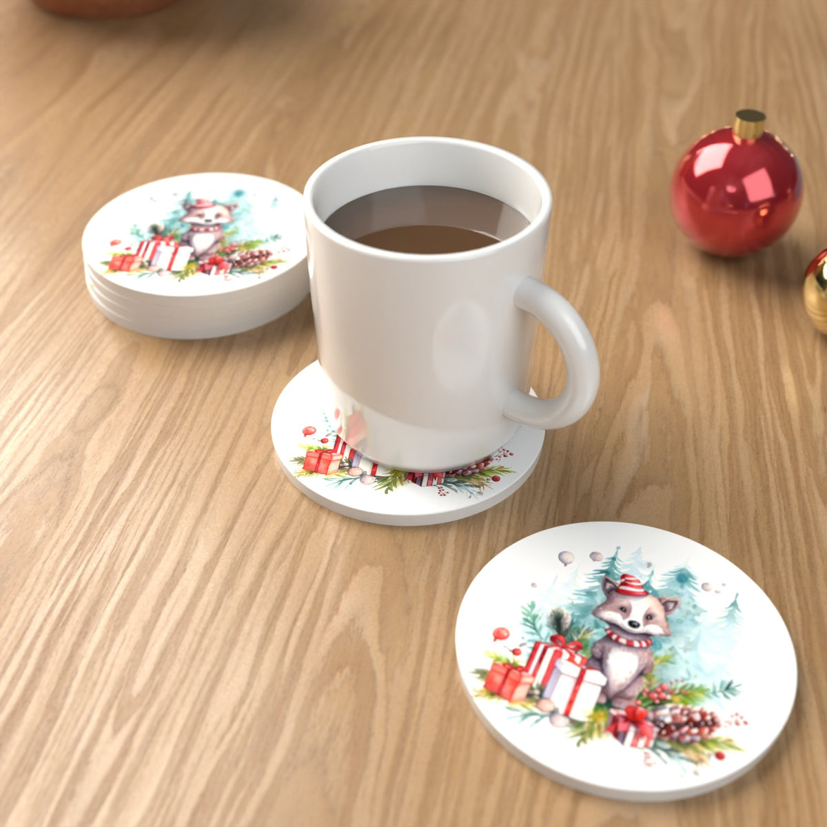 Christmas Woodland Animal with Presents Round Ceramic Coasters – Set of 6 – lifestyle mockup with a mug of coffee