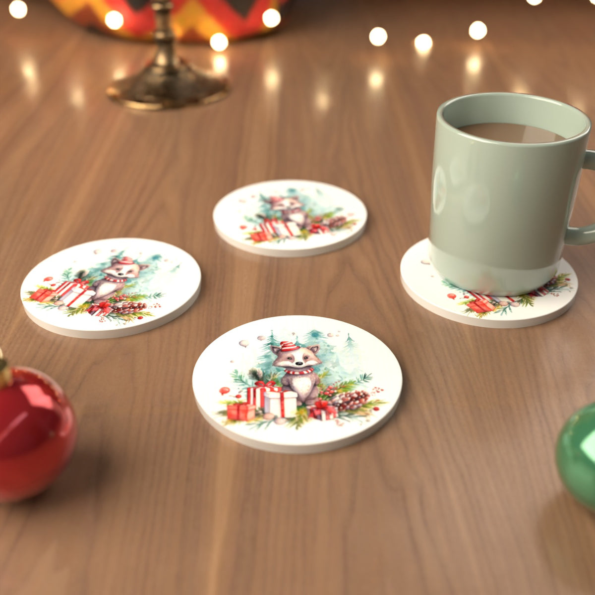 Christmas Woodland Animal with Presents Round Ceramic Coasters – Set of 6 – cosy lifestyle mockup