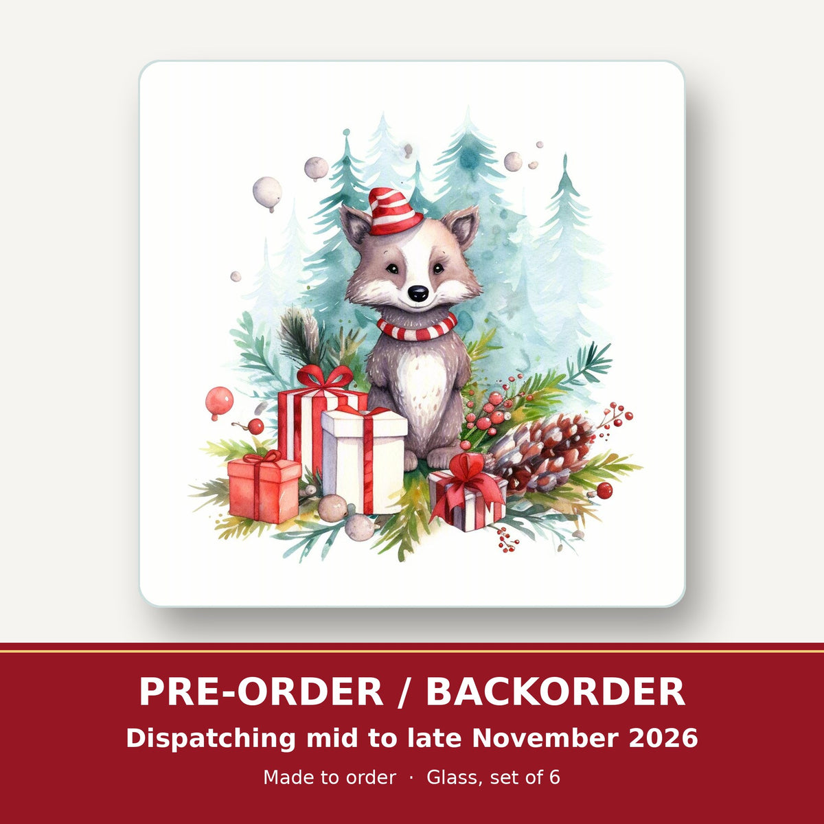 Christmas Woodland Animal with Presents square glass coaster set of 6 – pre-order / backorder, dispatching mid to late November 2026