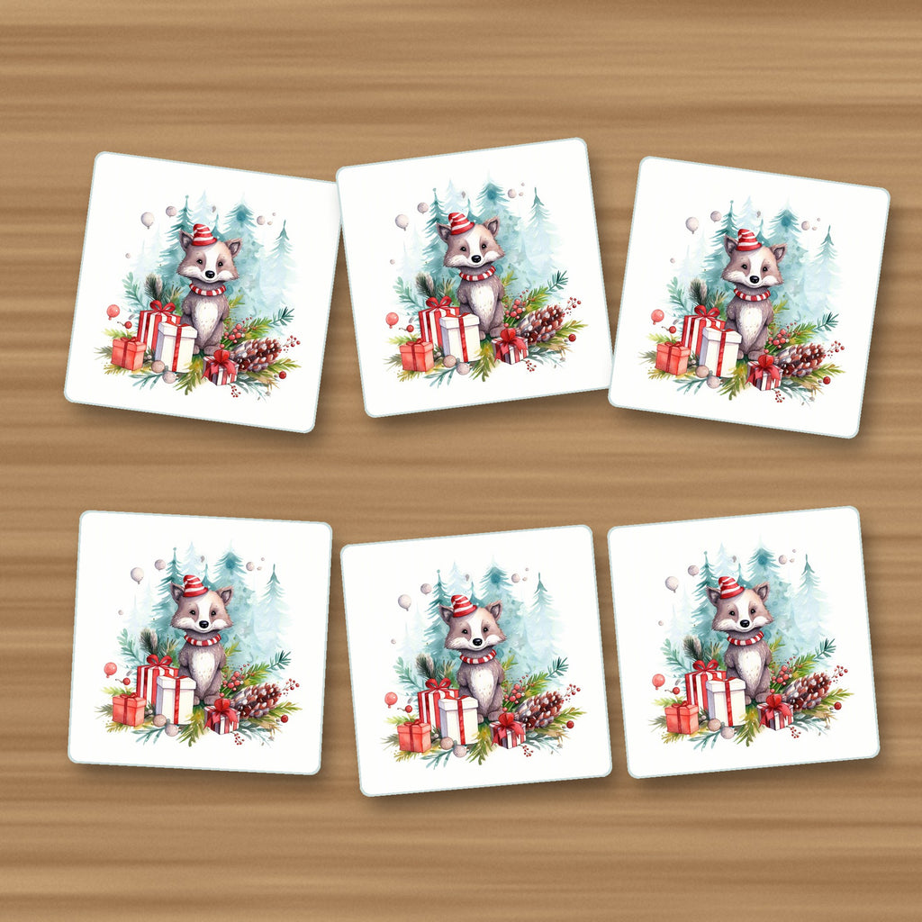 Christmas Woodland Animal with Presents square glass coasters, set of 6, on an oak coffee table