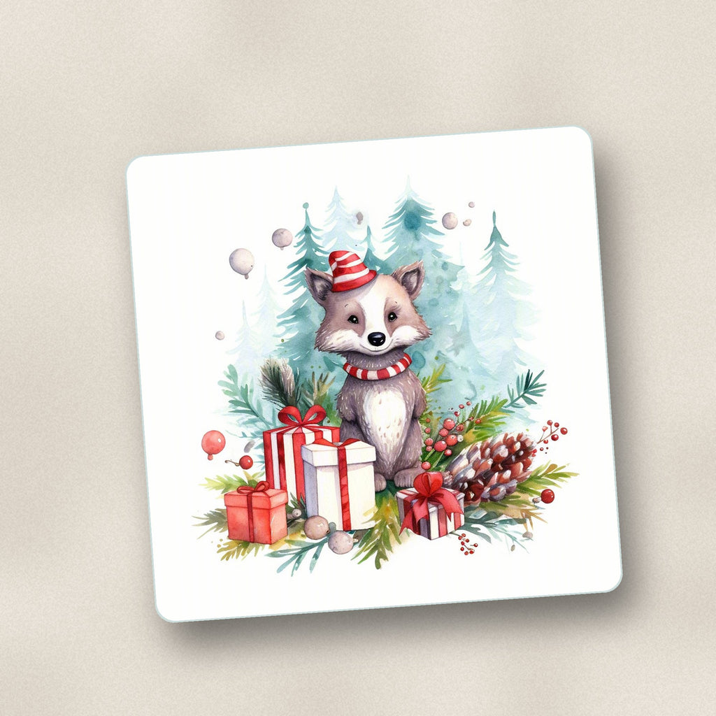 Close-up of one christmas woodland animal with presents square glass coaster, flat UV print