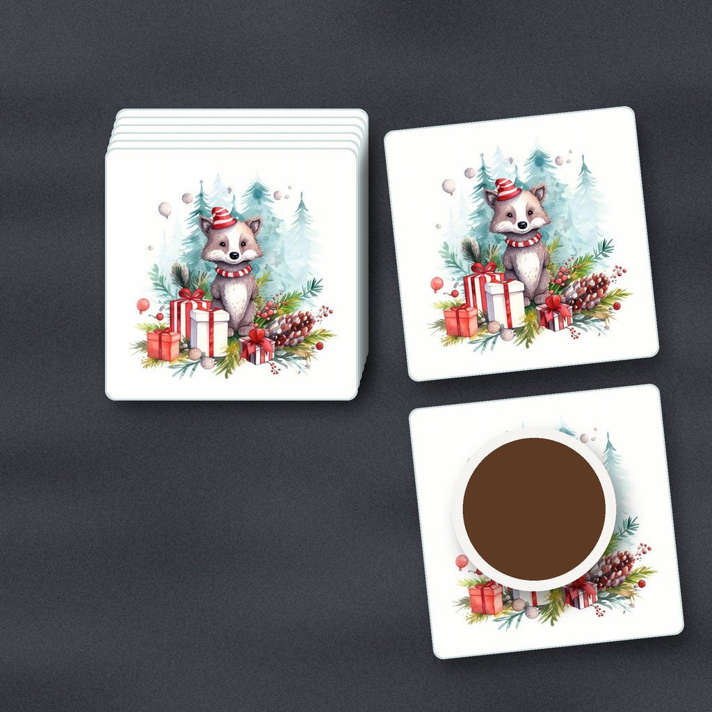 Christmas Woodland Animal with Presents square glass coasters stacked on a slate kitchen worktop