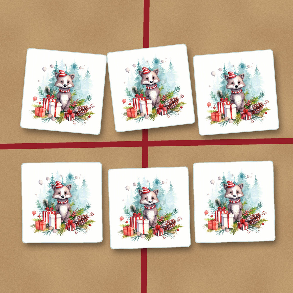 Christmas Woodland Animal with Presents square glass coasters on kraft gift wrap