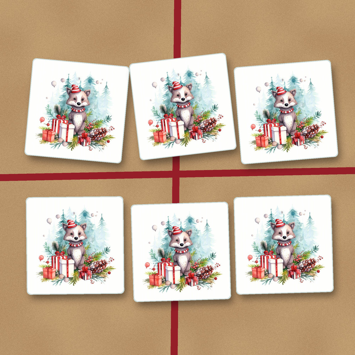 Christmas Woodland Animal with Presents square glass coasters on kraft gift wrap