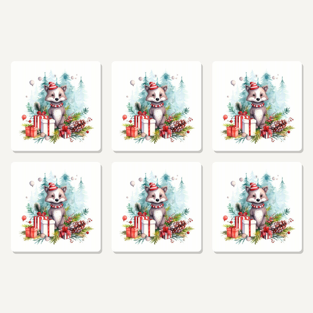 Flat lay of the christmas woodland animal with presents artwork on six square coasters