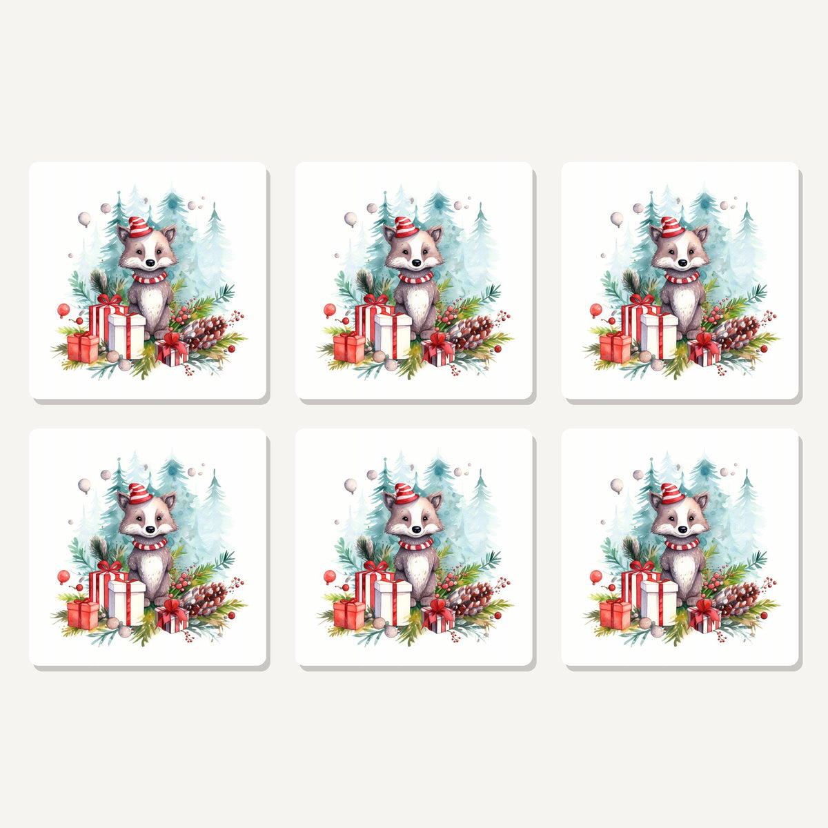 Flat lay of the christmas woodland animal with presents artwork on six square coasters