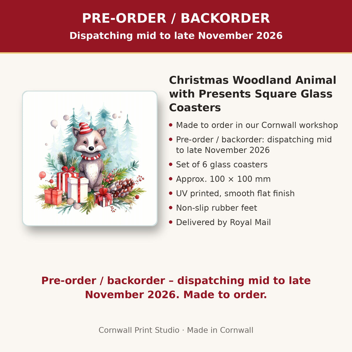 Info card: Christmas Woodland Animal with Presents Square Glass Coasters – Set of 6, made to order, dispatching mid to late November 2026, delivered by Royal Mail