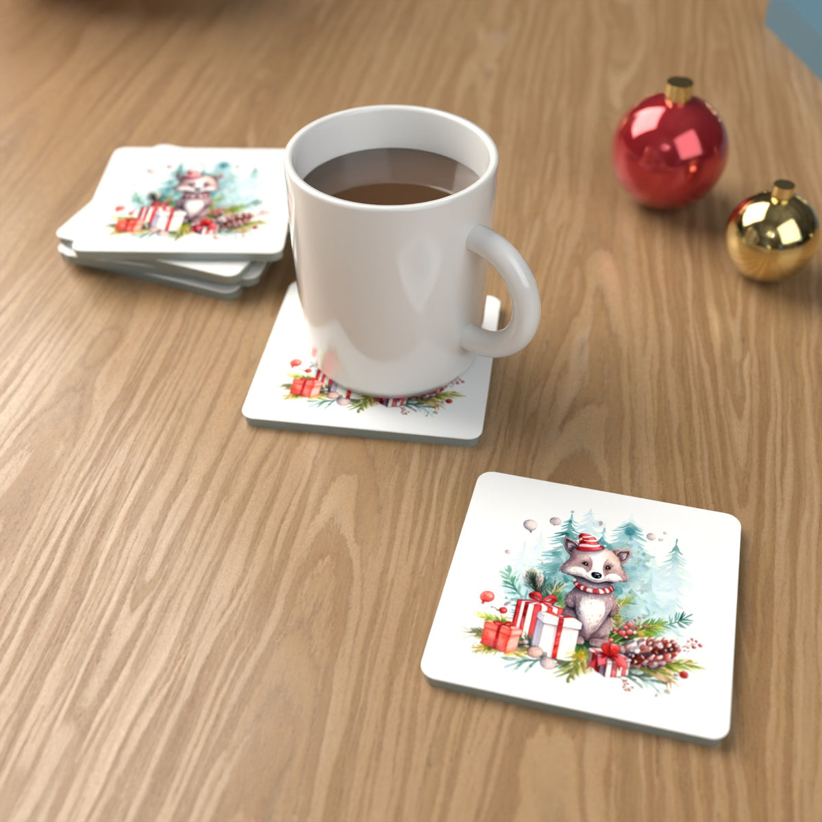 Christmas Woodland Animal with Presents Square Glass Coasters – Set of 6 – lifestyle mockup with a mug of coffee