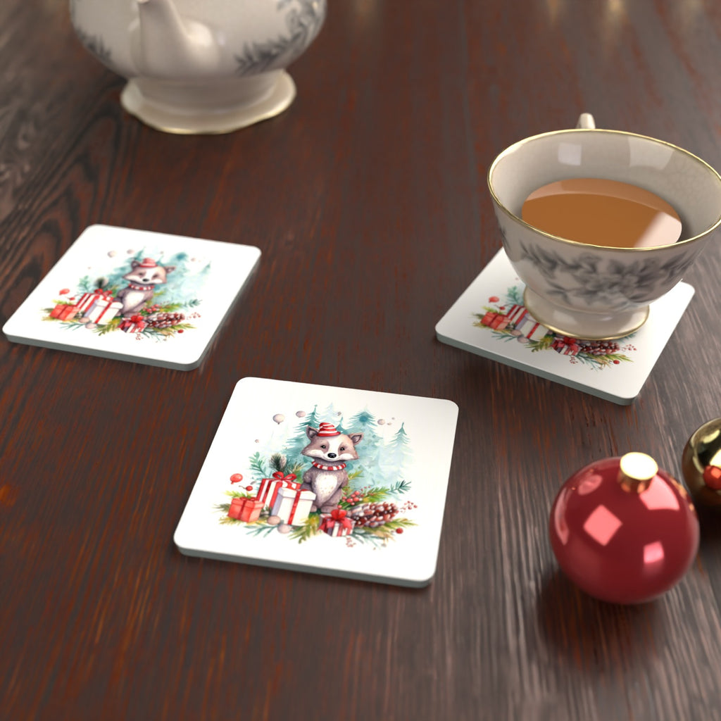 Christmas Woodland Animal with Presents Square Glass Coasters – Set of 6 – lifestyle mockup with a teacup