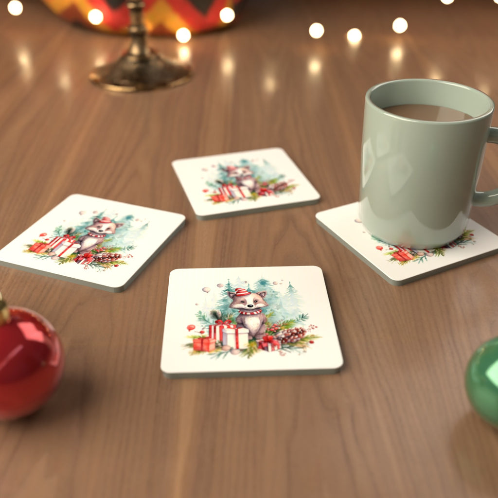 Christmas Woodland Animal with Presents Square Glass Coasters – Set of 6 – cosy lifestyle mockup