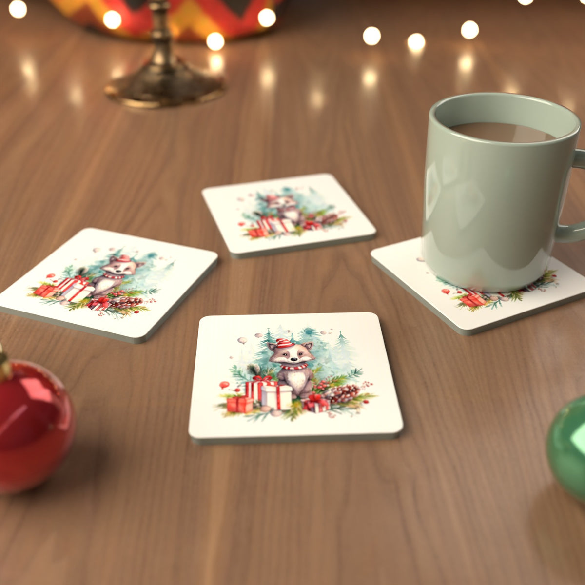 Christmas Woodland Animal with Presents Square Glass Coasters – Set of 6 – cosy lifestyle mockup