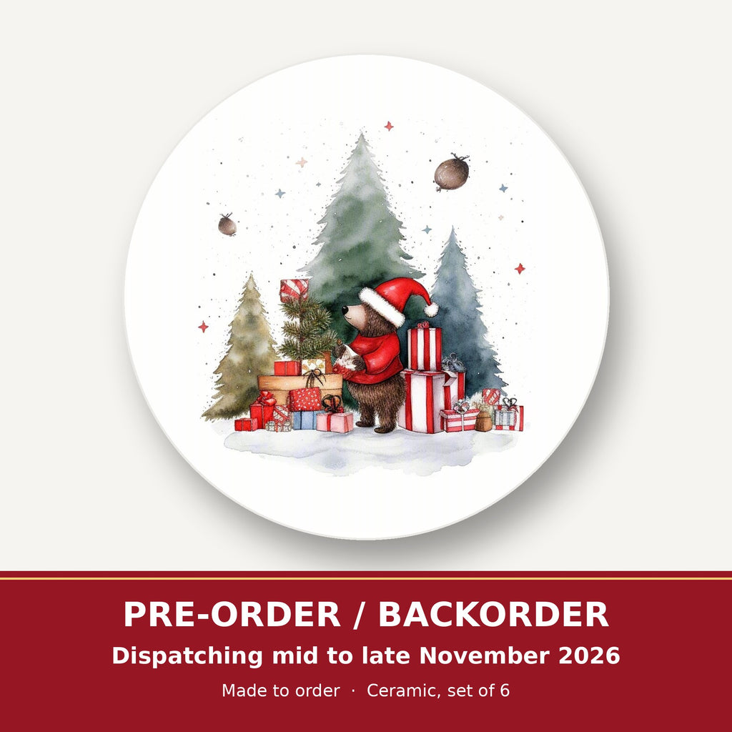 Little Bear with Christmas Presents round ceramic coaster set of 6 – pre-order / backorder, dispatching mid to late November 2026