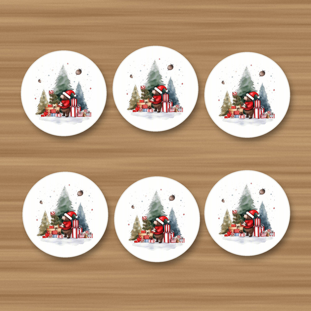 Little Bear with Christmas Presents round ceramic coasters, set of 6, on an oak coffee table