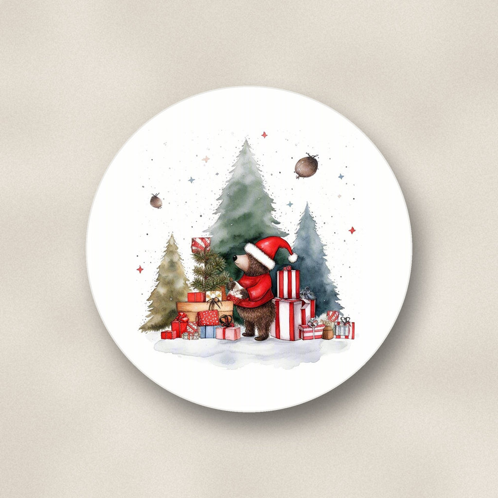 Close-up of one little bear with christmas presents round ceramic coaster, flat UV print