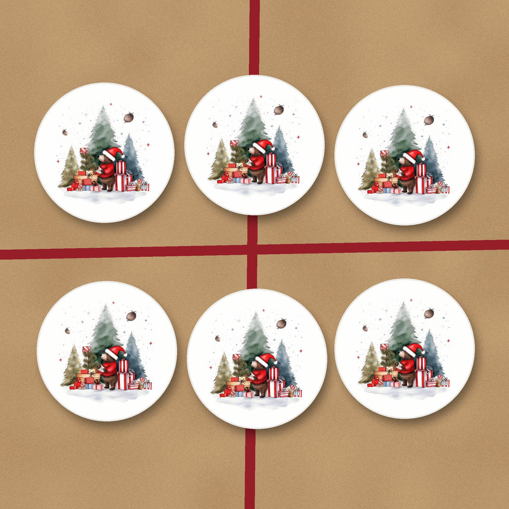 Little Bear with Christmas Presents round ceramic coasters on kraft gift wrap