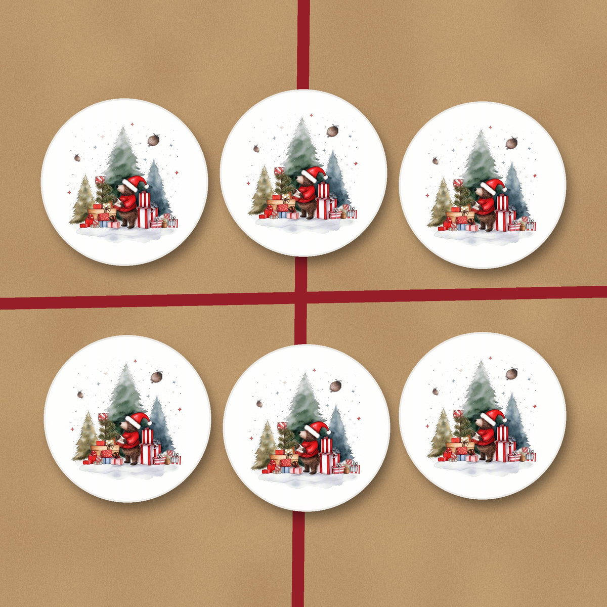 Little Bear with Christmas Presents round ceramic coasters on kraft gift wrap
