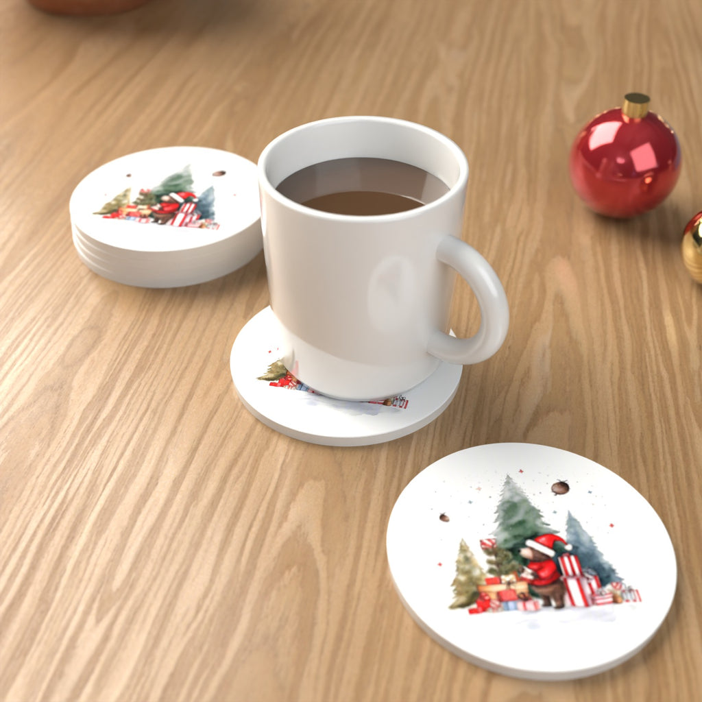 Little Bear with Christmas Presents Round Ceramic Coasters – Set of 6 – lifestyle mockup with a mug of coffee