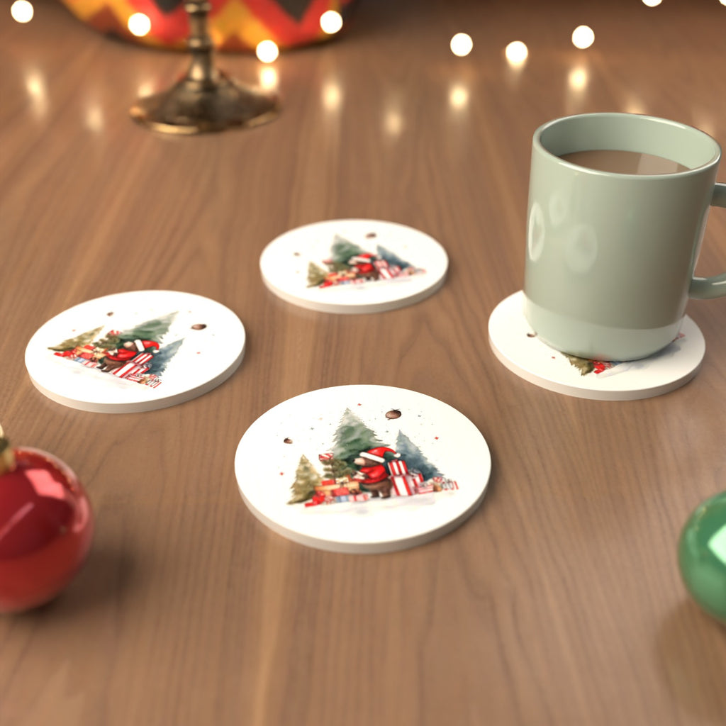Little Bear with Christmas Presents Round Ceramic Coasters – Set of 6 – cosy lifestyle mockup