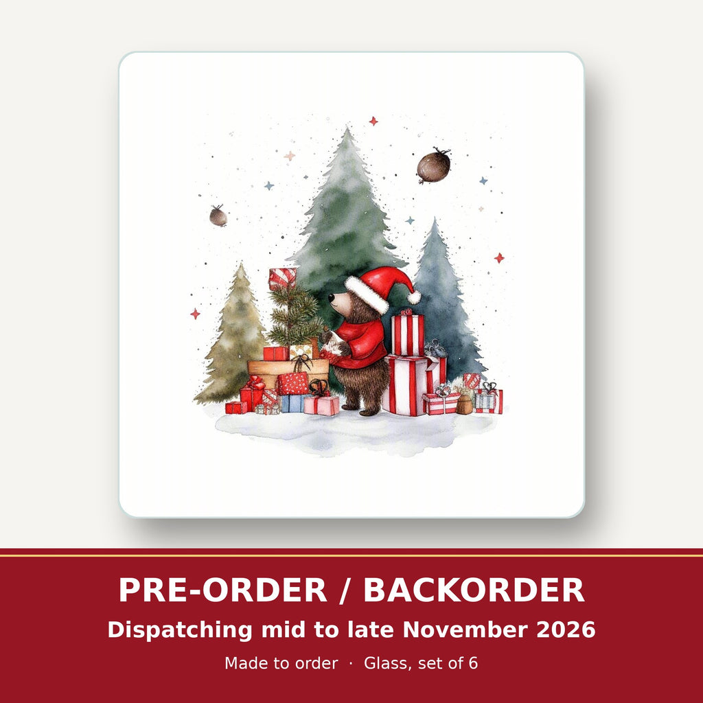 Little Bear with Christmas Presents square glass coaster set of 6 – pre-order / backorder, dispatching mid to late November 2026