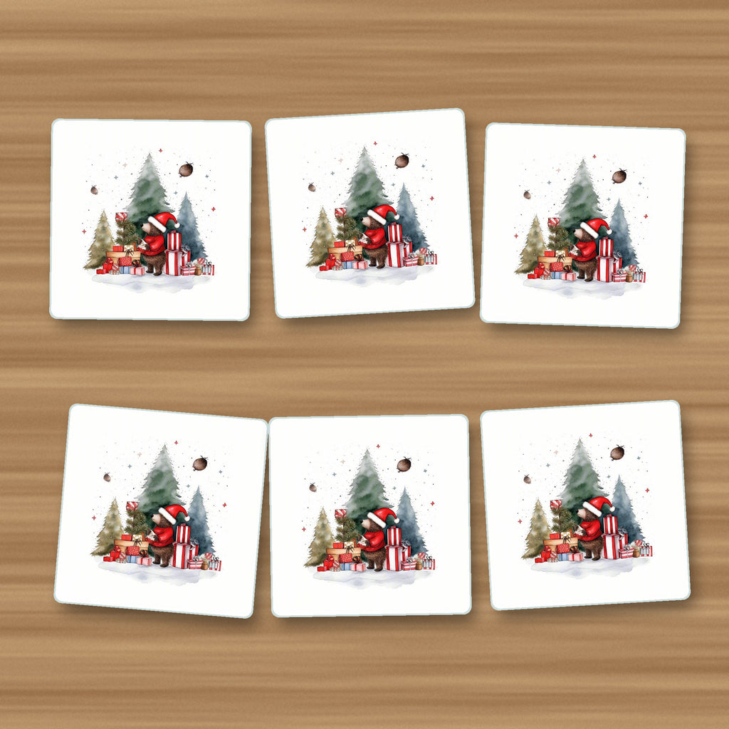 Little Bear with Christmas Presents square glass coasters, set of 6, on an oak coffee table