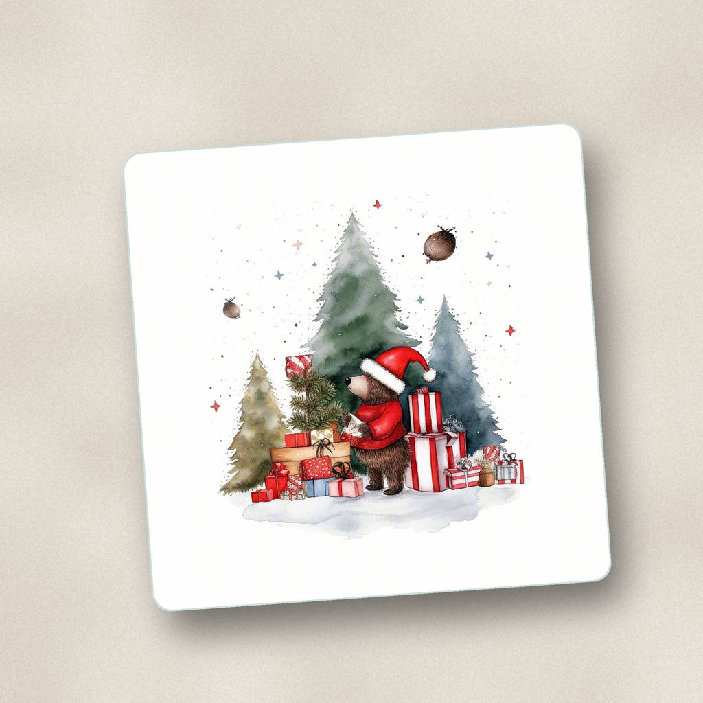 Close-up of one little bear with christmas presents square glass coaster, flat UV print