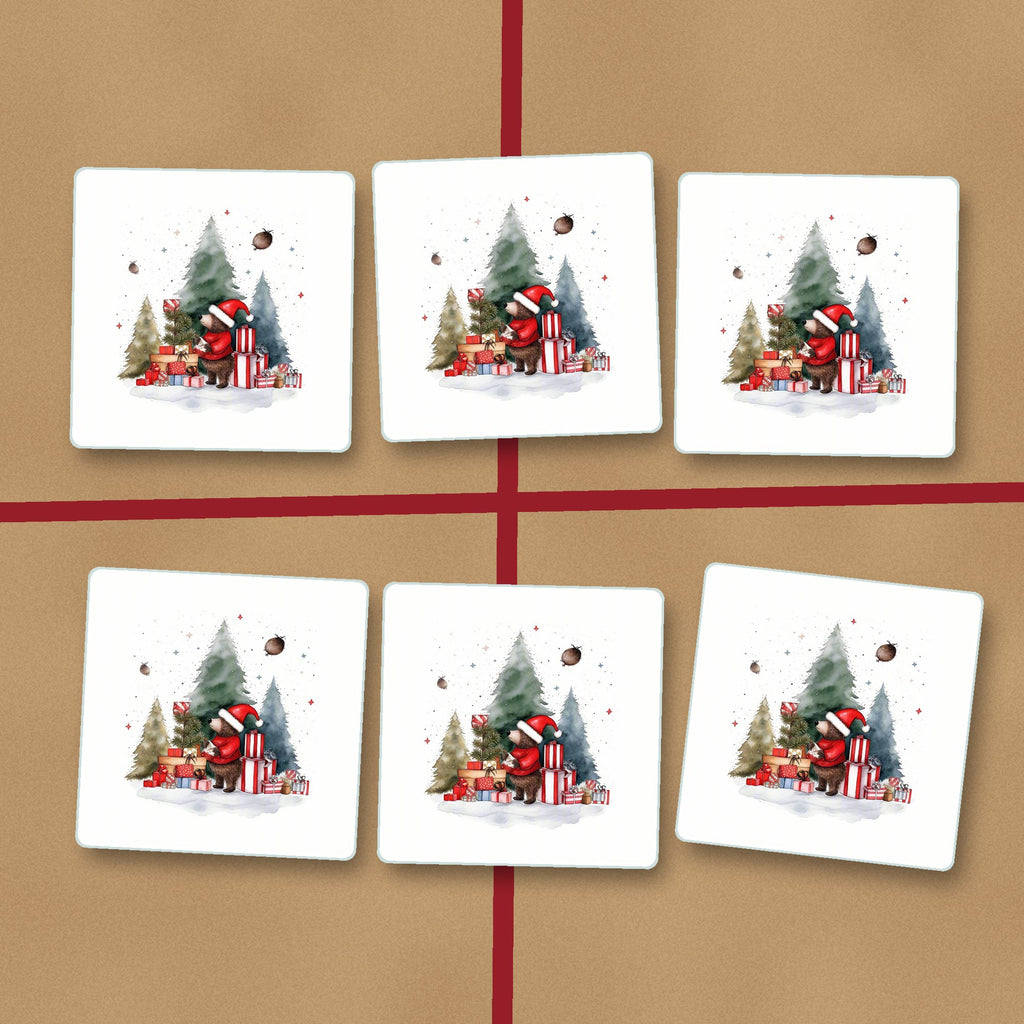 Little Bear with Christmas Presents square glass coasters on kraft gift wrap